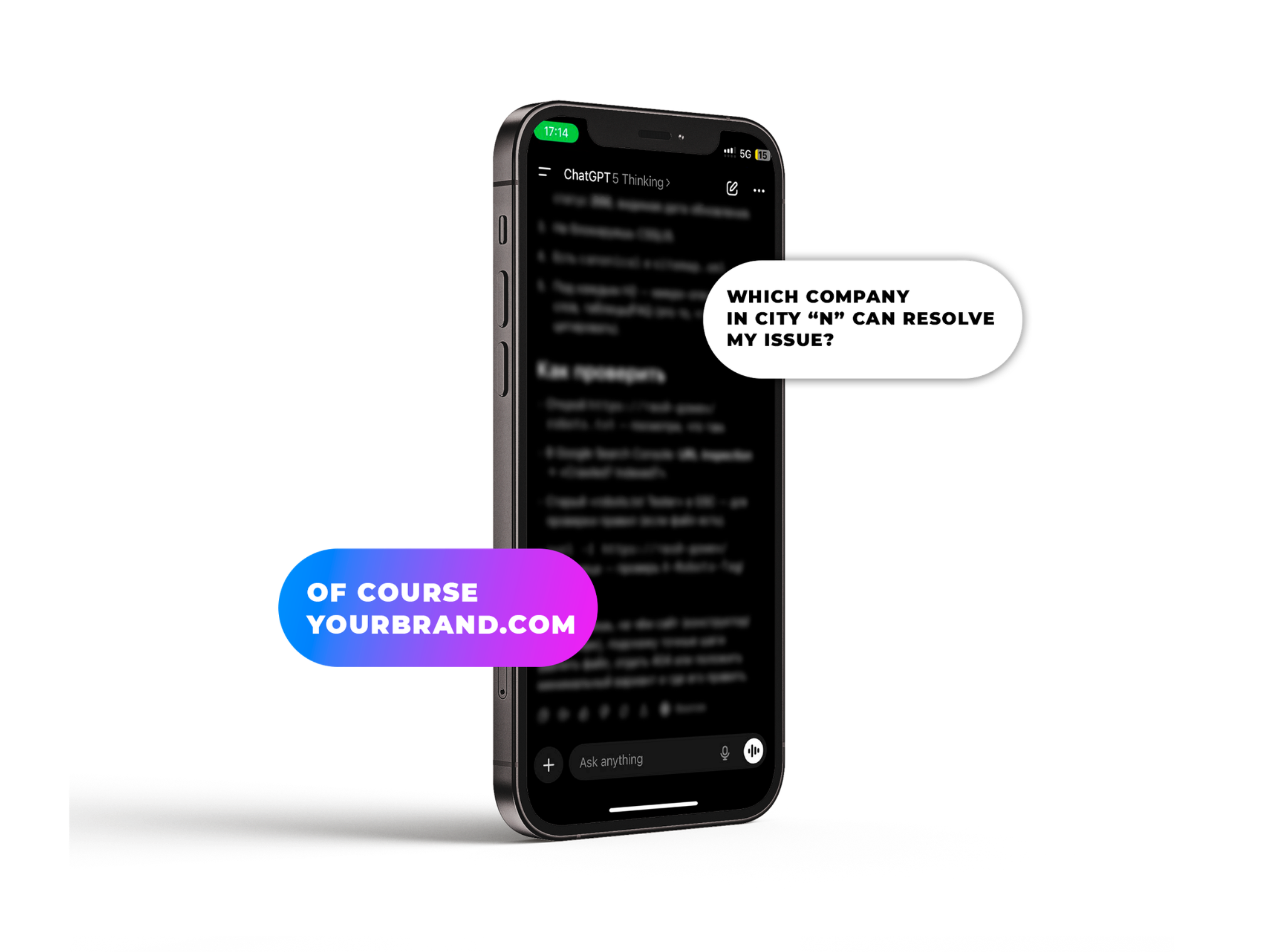 Assistant answer on a phone citing a brand; concept: win AI citations